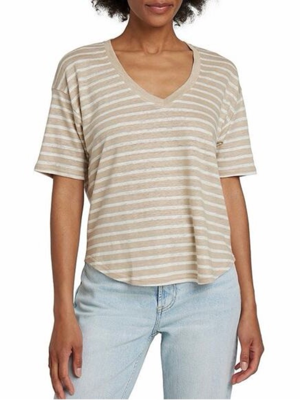 Faherty Oceanside Linen Striped Short Sleeve V Neck Tee Shirt Tan & White